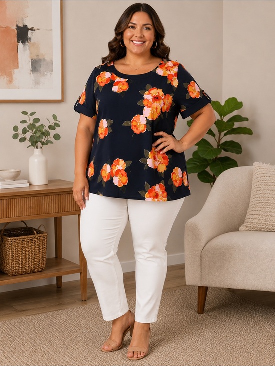 BloomChic Tops - BloomChic Size 26 Navy Floral Blouse | 3/4 Sleeve Boat Neck Plus Size Top